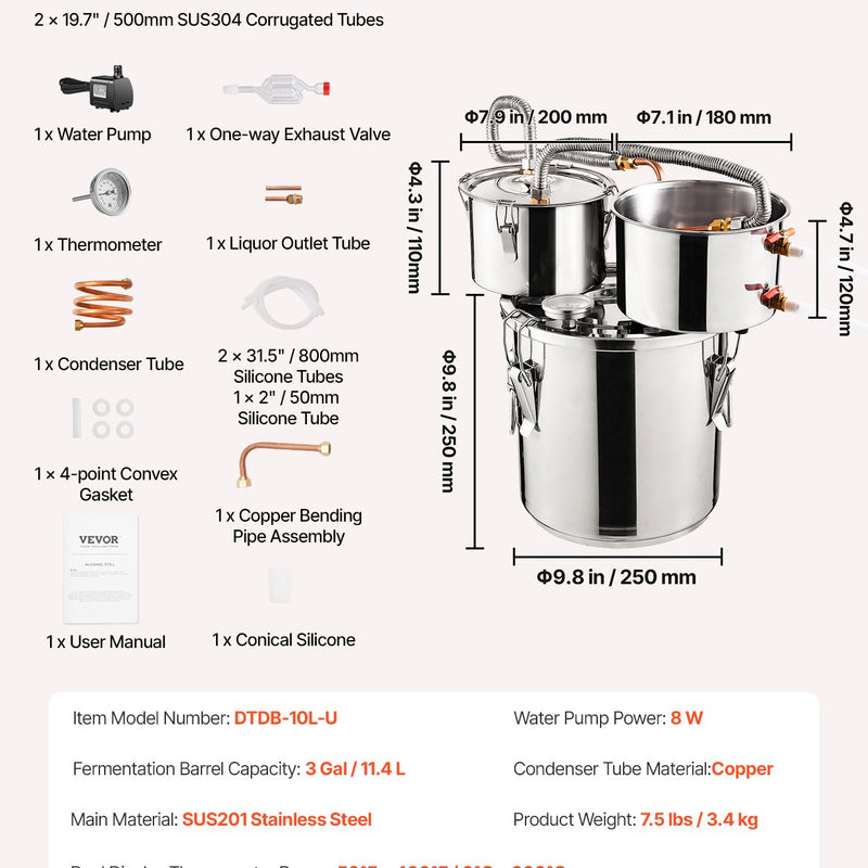11.4L divu kondensatoru destilācijas aparāts ar iebūvētu termometru uz vāka un 8W ūdens cirkulācijas sūkni,  šo iekārtu var izmantot augļu vīnu, brendija, degvīna, viskija, etanola, ūdens un ēterisko eļļu destilācijai.