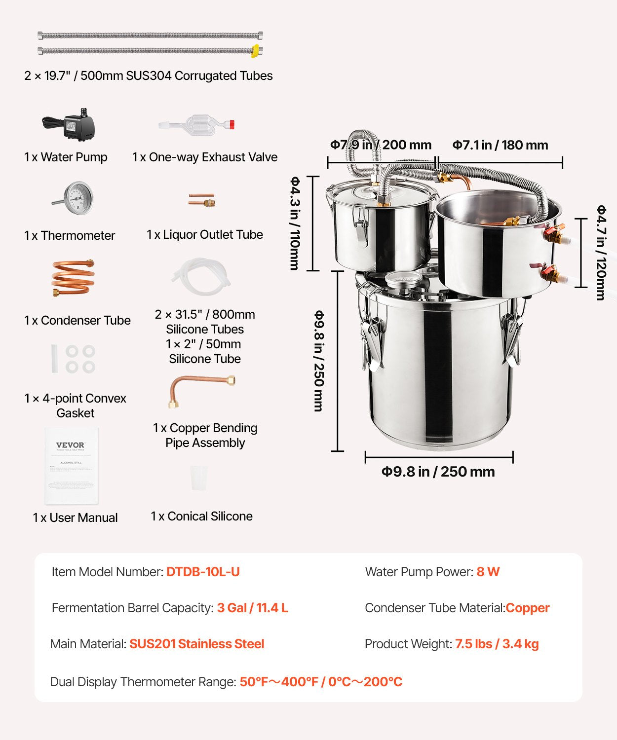 VEVOR 11.4L dual condenser still with built-in thermometer on the lid and 8W water circulation pump, this still can be used for distillation of fruit wines, brandy, vodka, whisky, ethanol, water and essential oils.