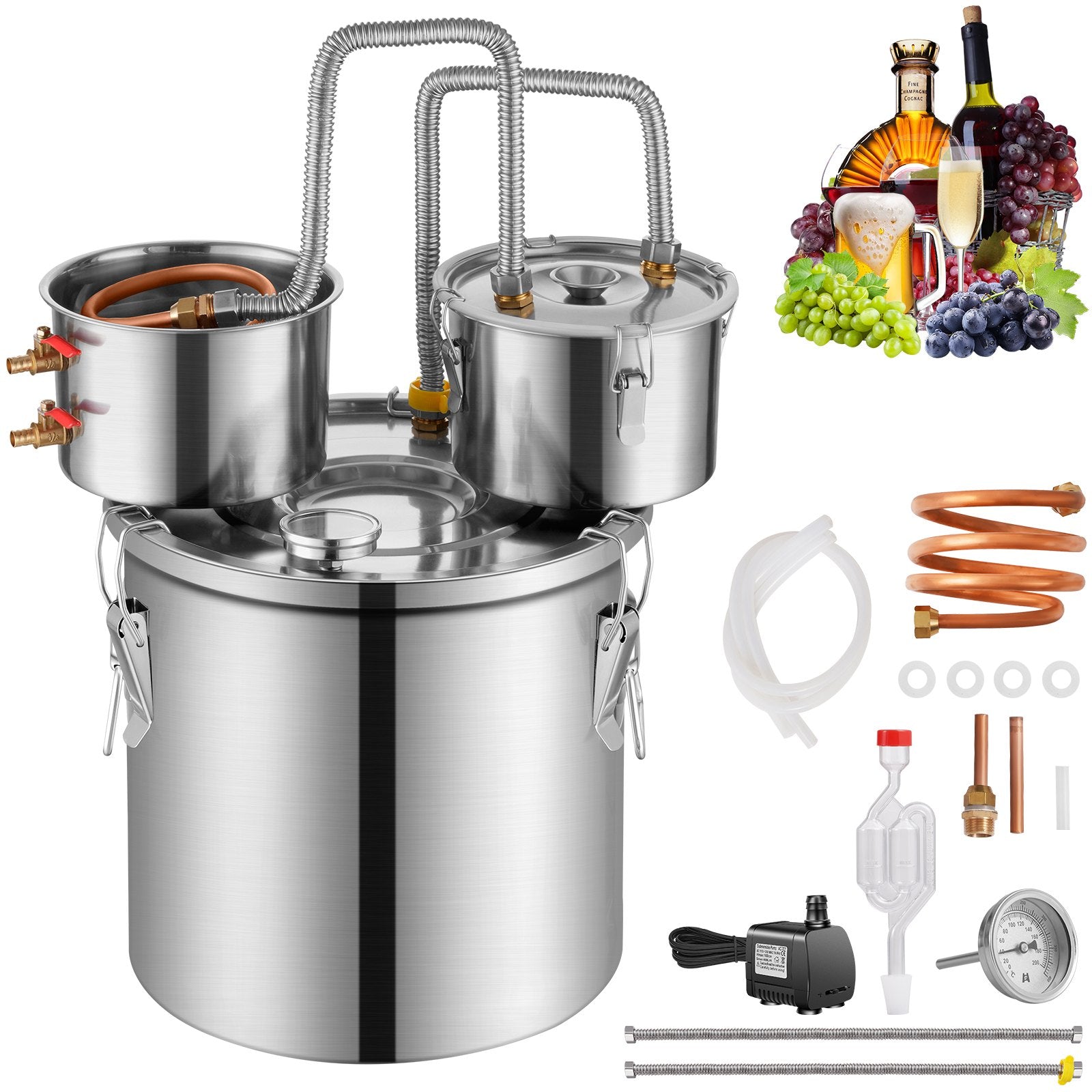 19L still with built-in thermometer on the lid and 8W water circulation pump, this still can be used for distillation of fruit wines, brandy, vodka, whisky, ethanol, water and essential oils.