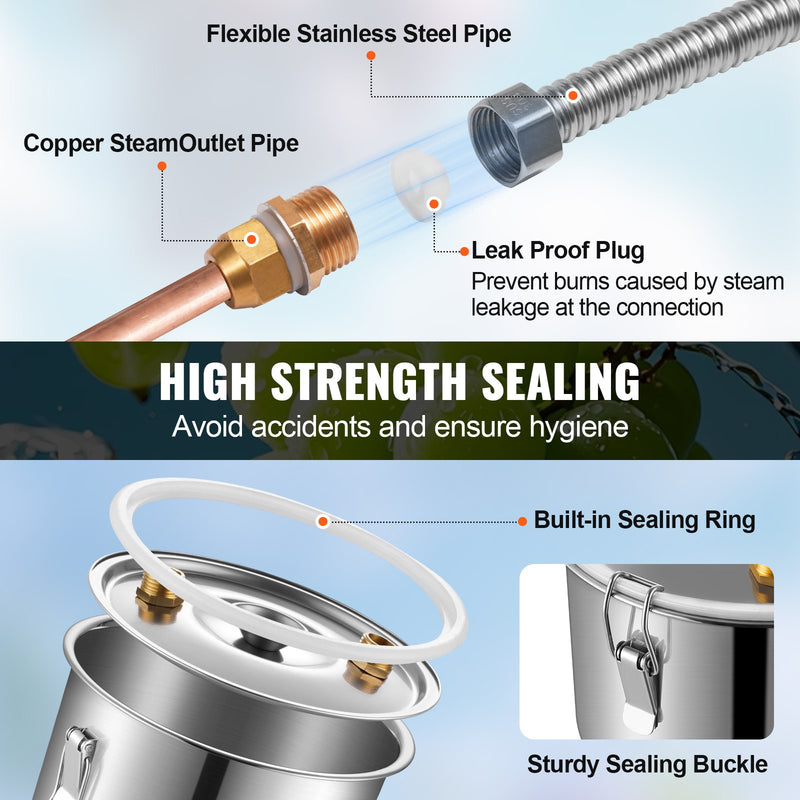 19L destilācijas aparāts ar iebūvētu termometru uz vāka un 8W ūdens cirkulācijas sūkni,  šo iekārtu var izmantot augļu vīnu, brendija, degvīna, viskija, etanola, ūdens un ēterisko eļļu destilācijai.