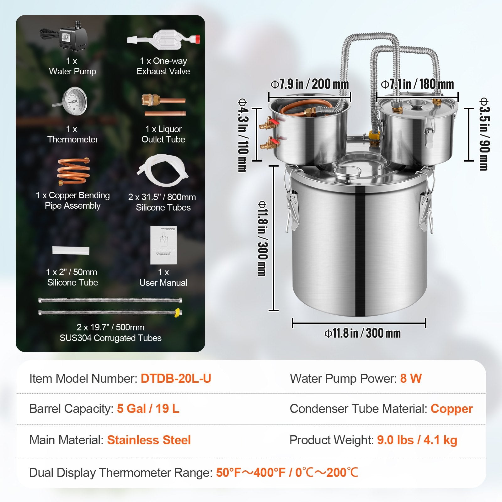 19L still with built-in thermometer on the lid and 8W water circulation pump, this still can be used for distillation of fruit wines, brandy, vodka, whisky, ethanol, water and essential oils.