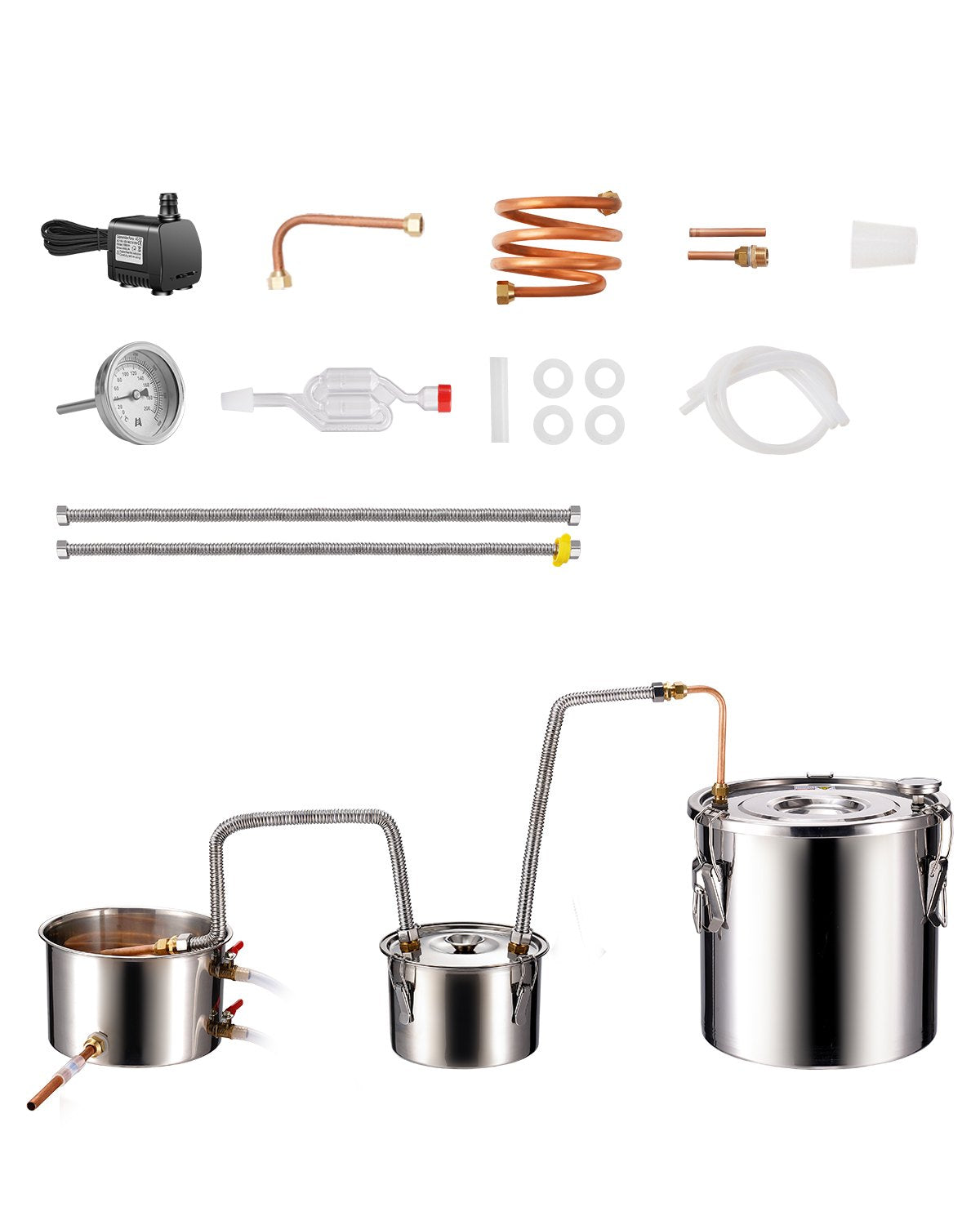 19L two-condenser stainless steel still with built-in thermometer on lid and water circulation pump, suitable for alcohol distillation