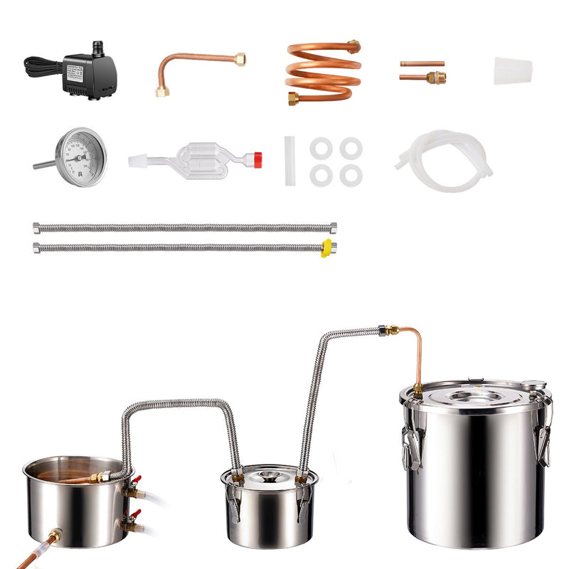 19L divu kondensatoru nerūsējošā tērauda destilācijas aparāts ar iebūvētu termometru uz vāka un ūdens cirkulācijas sūkni, piemērots alkohola destilācijai