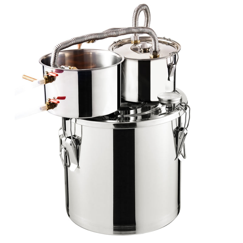 19L divu kondensatoru nerūsējošā tērauda destilācijas aparāts ar iebūvētu termometru uz vāka un ūdens cirkulācijas sūkni, piemērots alkohola destilācijai