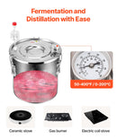 19L divu kondensatoru nerūsējošā tērauda destilācijas aparāts ar iebūvētu termometru uz vāka un ūdens cirkulācijas sūkni, piemērots alkohola destilācijai