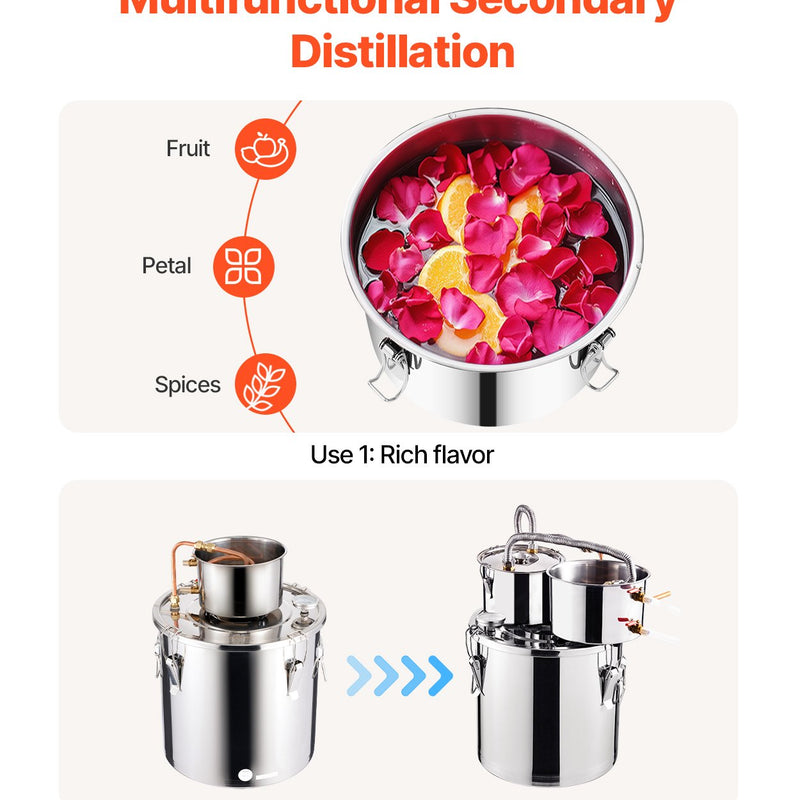 19L divu kondensatoru nerūsējošā tērauda destilācijas aparāts ar iebūvētu termometru uz vāka un ūdens cirkulācijas sūkni, piemērots alkohola destilācijai