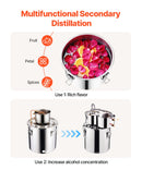 19L divu kondensatoru nerūsējošā tērauda destilācijas aparāts ar iebūvētu termometru uz vāka un ūdens cirkulācijas sūkni, piemērots alkohola destilācijai