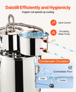 19L two-condenser stainless steel still with built-in thermometer on lid and water circulation pump, suitable for alcohol distillation