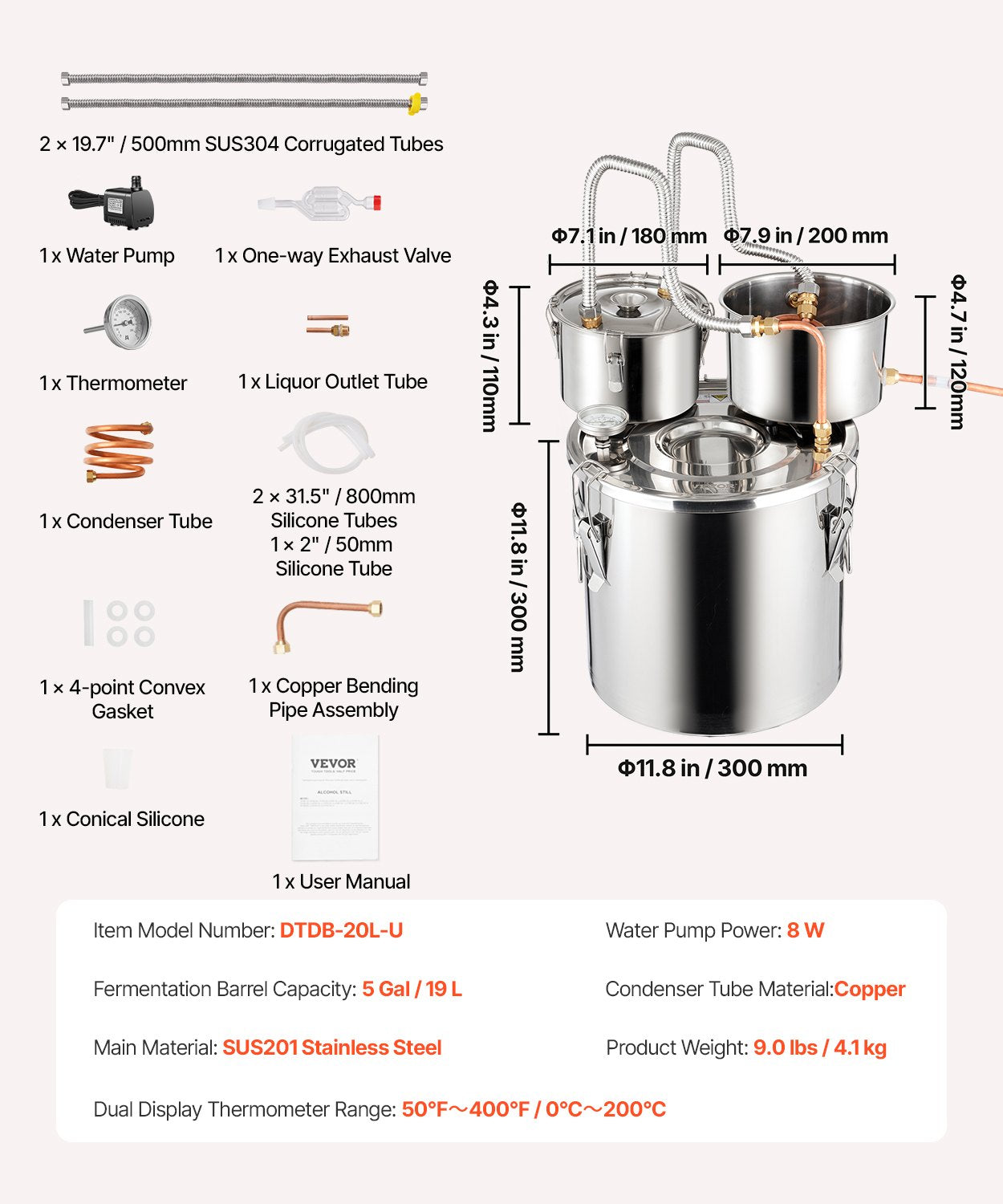 19L two-condenser stainless steel still with built-in thermometer on lid and water circulation pump, suitable for alcohol distillation