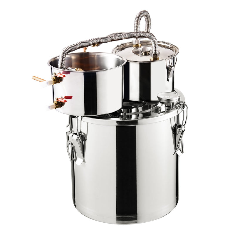 19L divu kondensatoru nerūsējošā tērauda destilācijas aparāts ar iebūvētu termometru uz vāka un ūdens cirkulācijas sūkni, piemērots alkohola destilācijai