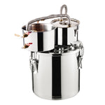 19L two-condenser stainless steel still with built-in thermometer on lid and water circulation pump, suitable for alcohol distillation