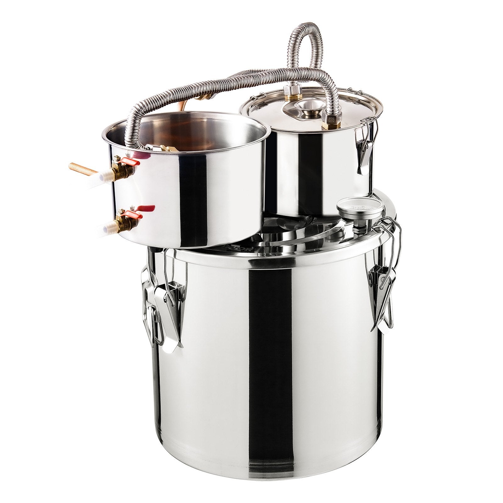 19L two-condenser stainless steel still with built-in thermometer on lid and water circulation pump, suitable for alcohol distillation