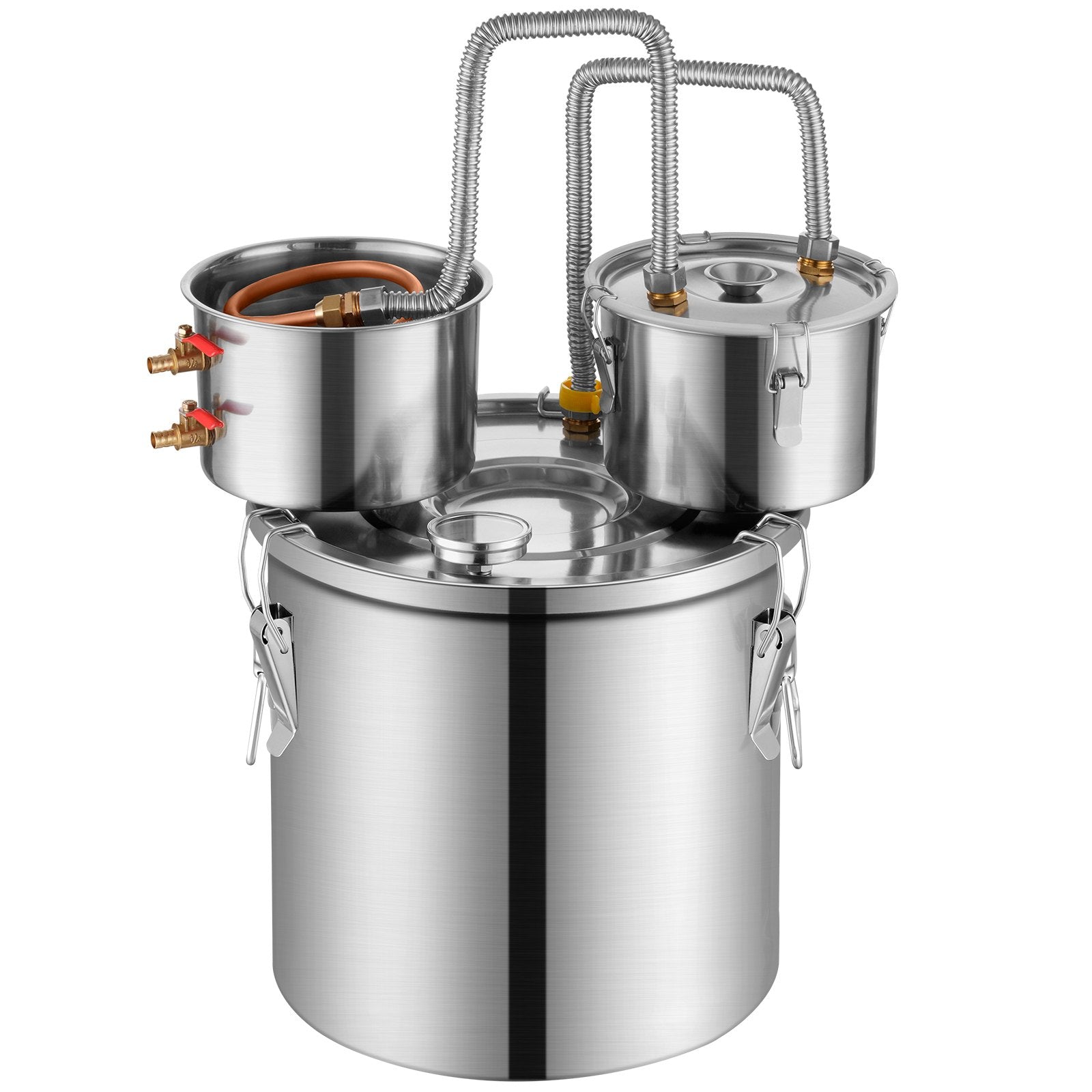 30L dual condenser still with built-in thermometer on the lid and 8W water circulation pump, this still can be used for distillation of fruit wines, brandy, vodka, whisky, ethanol, water and essential oils.