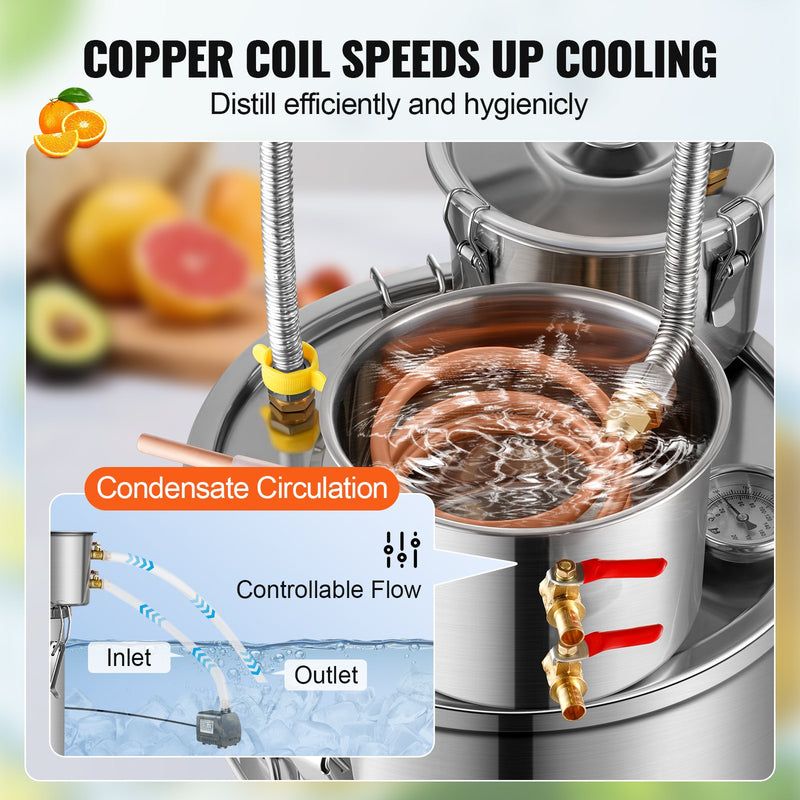 30L divu kondensatoru destilācijas aparāts ar iebūvētu termometru uz vāka un 8W ūdens cirkulācijas sūkni,  šo iekārtu var izmantot augļu vīnu, brendija, degvīna, viskija, etanola, ūdens un ēterisko eļļu destilācijai.