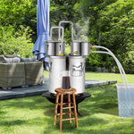 30L dual condenser still with built-in thermometer on the lid and 8W water circulation pump, this still can be used for distillation of fruit wines, brandy, vodka, whisky, ethanol, water and essential oils.