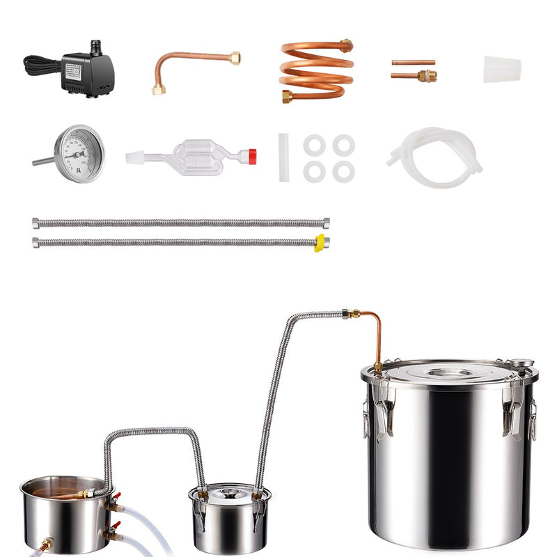 30L destilācijas aparāts ar iebūvētu termometru uz vāka un 8W ūdens cirkulācijas sūkni,  šo iekārtu var izmantot augļu vīnu, brendija, degvīna, viskija, etanola, ūdens un ēterisko eļļu destilācijai.