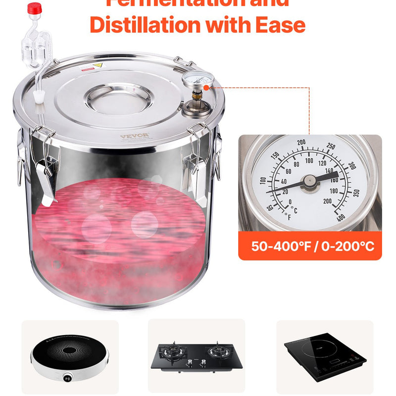 30L destilācijas aparāts ar iebūvētu termometru uz vāka un 8W ūdens cirkulācijas sūkni,  šo iekārtu var izmantot augļu vīnu, brendija, degvīna, viskija, etanola, ūdens un ēterisko eļļu destilācijai.