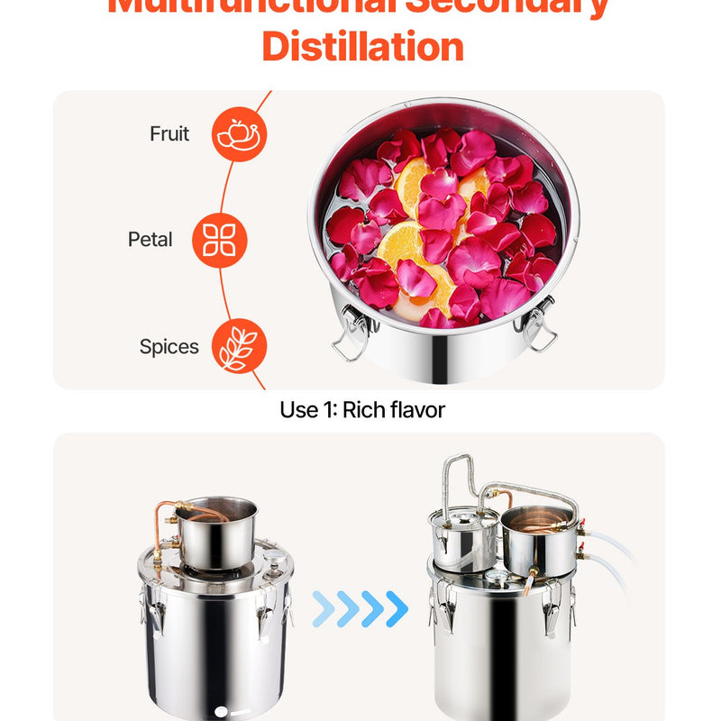 30L destilācijas aparāts ar iebūvētu termometru uz vāka un 8W ūdens cirkulācijas sūkni,  šo iekārtu var izmantot augļu vīnu, brendija, degvīna, viskija, etanola, ūdens un ēterisko eļļu destilācijai.