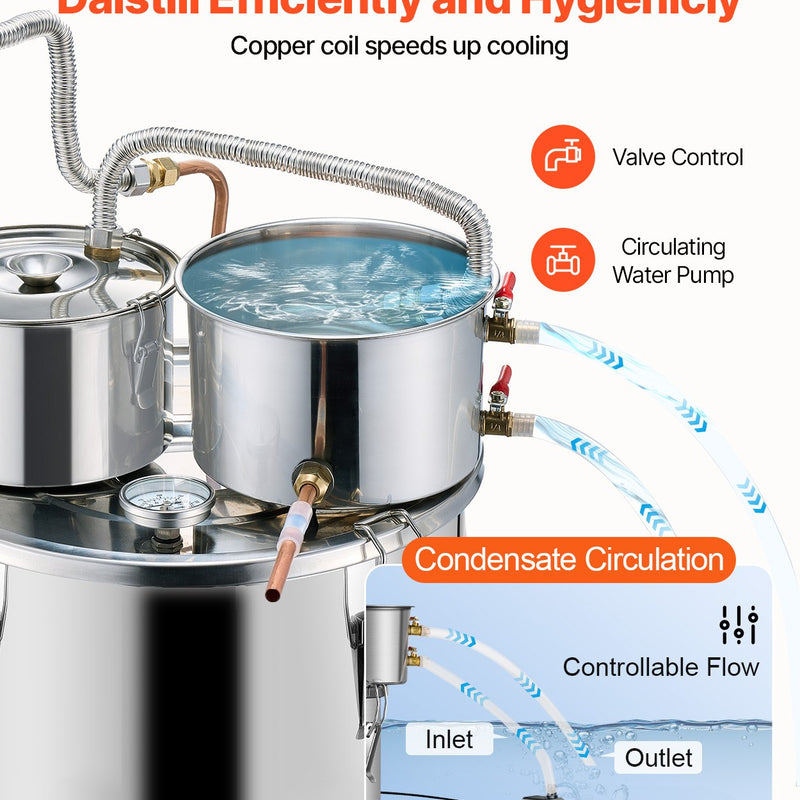 30L destilācijas aparāts ar iebūvētu termometru uz vāka un 8W ūdens cirkulācijas sūkni,  šo iekārtu var izmantot augļu vīnu, brendija, degvīna, viskija, etanola, ūdens un ēterisko eļļu destilācijai.