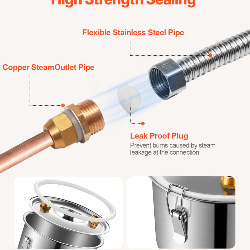 30L destilācijas aparāts ar iebūvētu termometru uz vāka un 8W ūdens cirkulācijas sūkni,  šo iekārtu var izmantot augļu vīnu, brendija, degvīna, viskija, etanola, ūdens un ēterisko eļļu destilācijai.