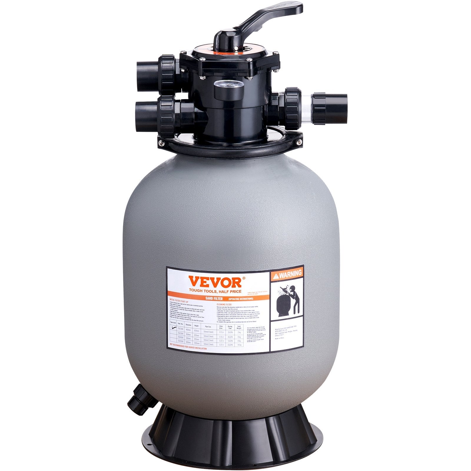 VEVOR peldbaseina smilšu filtrs 406 mm, plūsmas jauda līdz 132 l/min, virszemes un zemē ierīkotiem baseiniem, ar 7 pozīciju daudzfunkcionālu vārstu (filtrēšana, pretmazgāšana, skalošana, recirkulācija, novadīšana, ziemošana, slēgts režīms)