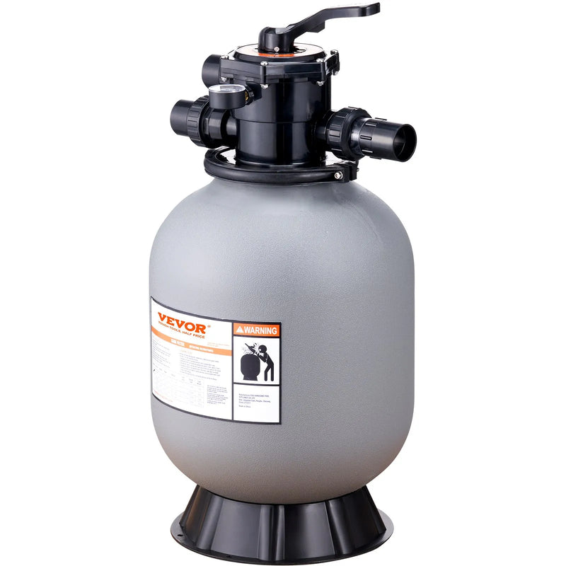 VEVOR peldbaseina smilšu filtrs 406 mm, plūsmas jauda līdz 132 l/min, virszemes un zemē ierīkotiem baseiniem, ar 7 pozīciju daudzfunkcionālu vārstu (filtrēšana, pretmazgāšana, skalošana, recirkulācija, novadīšana, ziemošana, slēgts režīms)