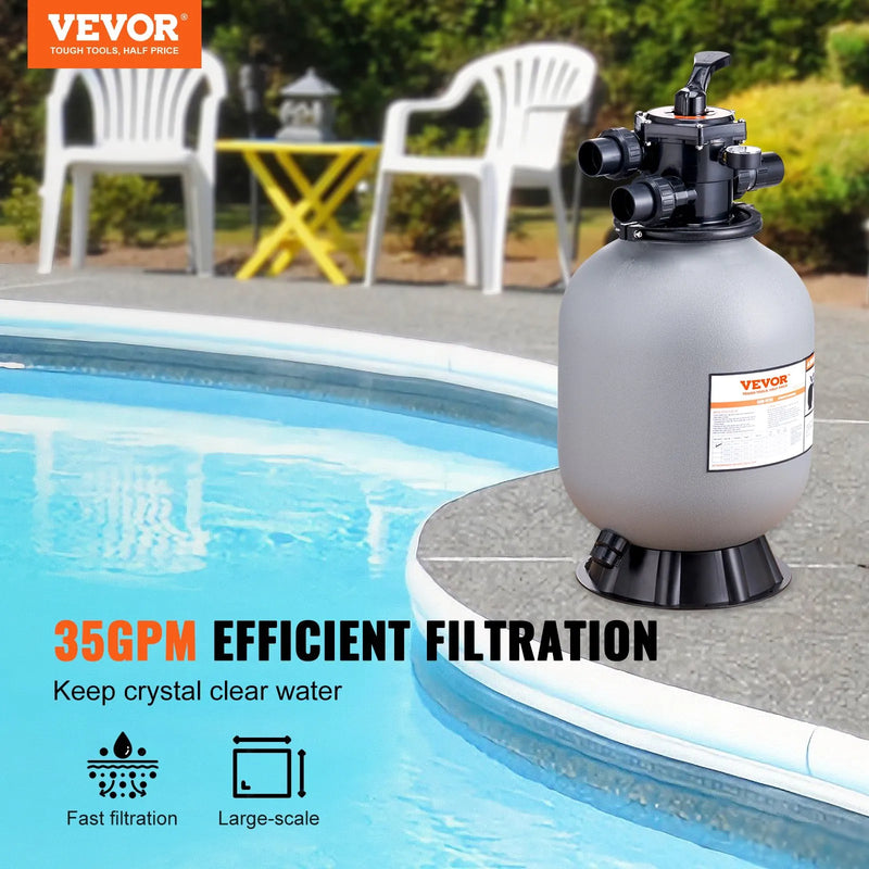 VEVOR peldbaseina smilšu filtrs 406 mm, plūsmas jauda līdz 132 l/min, virszemes un zemē ierīkotiem baseiniem, ar 7 pozīciju daudzfunkcionālu vārstu (filtrēšana, pretmazgāšana, skalošana, recirkulācija, novadīšana, ziemošana, slēgts režīms)