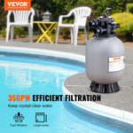 VEVOR peldbaseina smilšu filtrs 406 mm, plūsmas jauda līdz 132 l/min, virszemes un zemē ierīkotiem baseiniem, ar 7 pozīciju daudzfunkcionālu vārstu (filtrēšana, pretmazgāšana, skalošana, recirkulācija, novadīšana, ziemošana, slēgts režīms)