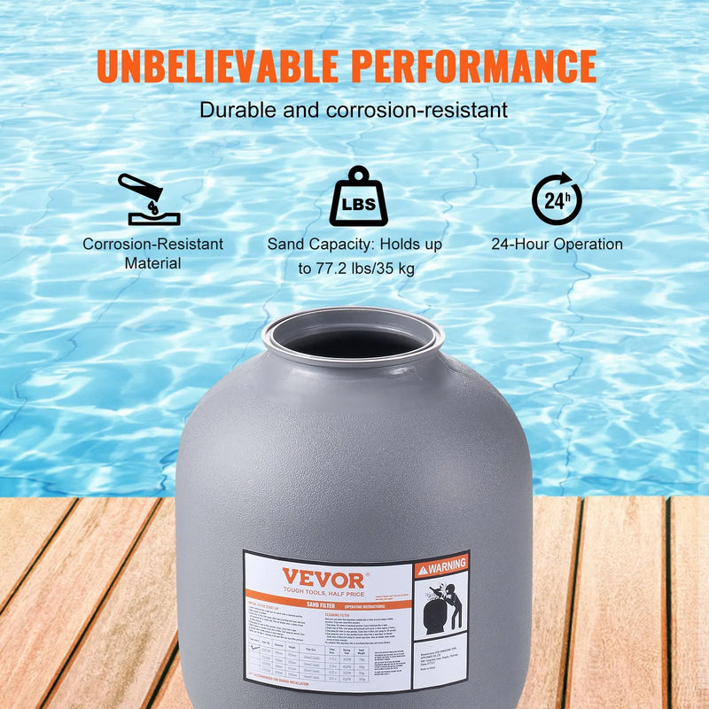 VEVOR peldbaseina smilšu filtrs 406 mm, plūsmas jauda līdz 132 l/min, virszemes un zemē ierīkotiem baseiniem, ar 7 pozīciju daudzfunkcionālu vārstu (filtrēšana, pretmazgāšana, skalošana, recirkulācija, novadīšana, ziemošana, slēgts režīms)