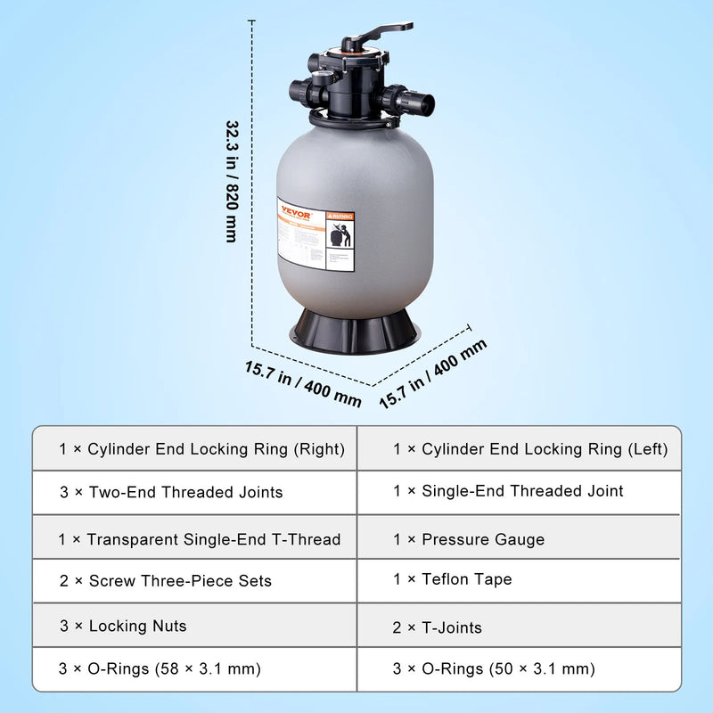 VEVOR peldbaseina smilšu filtrs 406 mm, plūsmas jauda līdz 132 l/min, virszemes un zemē ierīkotiem baseiniem, ar 7 pozīciju daudzfunkcionālu vārstu (filtrēšana, pretmazgāšana, skalošana, recirkulācija, novadīšana, ziemošana, slēgts režīms)