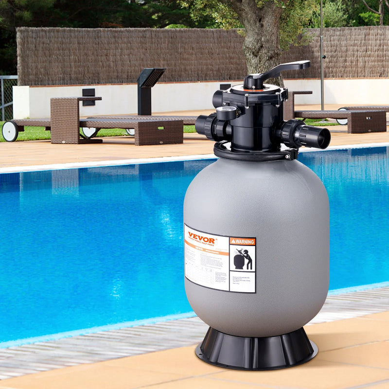 VEVOR peldbaseina smilšu filtrs 406 mm, plūsmas jauda līdz 132 l/min, virszemes un zemē ierīkotiem baseiniem, ar 7 pozīciju daudzfunkcionālu vārstu (filtrēšana, pretmazgāšana, skalošana, recirkulācija, novadīšana, ziemošana, slēgts režīms)