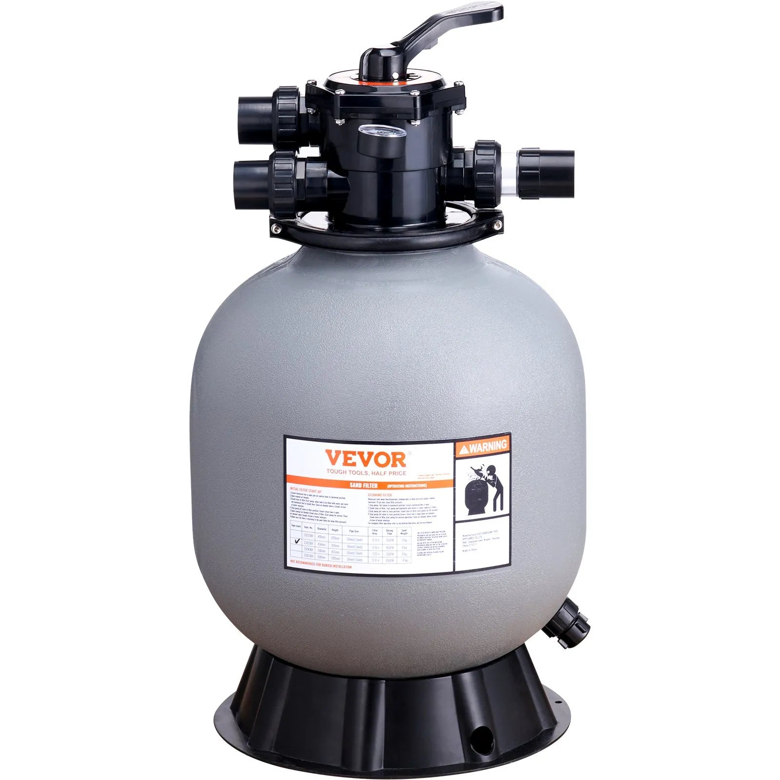 VEVOR baseina smilšu filtrs 48 cm, plūsma līdz 10,2 m³/h, virszemes un zemē ieraktiem baseiniem, 7-pozīciju daudzportu vārsts (filtrēšana, skalošana, atskalošana, recirkulācija, novade, ziema, slēgts)