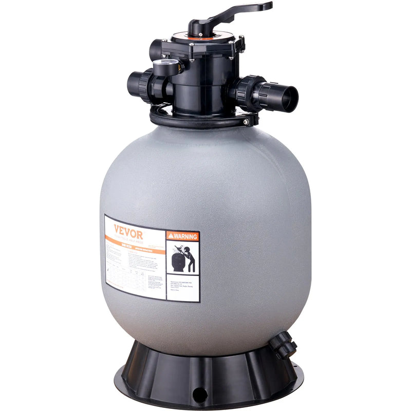 VEVOR baseina smilšu filtrs 48 cm, plūsma līdz 10,2 m³/h, virszemes un zemē ieraktiem baseiniem, 7-pozīciju daudzportu vārsts (filtrēšana, skalošana, atskalošana, recirkulācija, novade, ziema, slēgts)