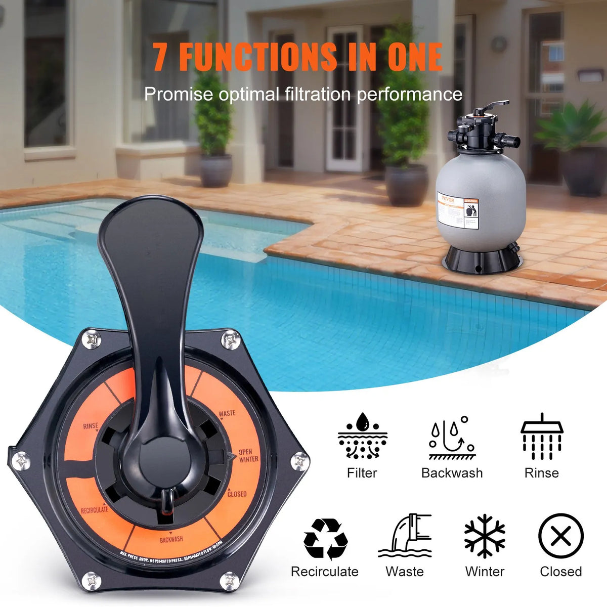 VEVOR baseina smilšu filtrs 48 cm, plūsma līdz 10,2 m³/h, virszemes un zemē ieraktiem baseiniem, 7-pozīciju daudzportu vārsts (filtrēšana, skalošana, atskalošana, recirkulācija, novade, ziema, slēgts)