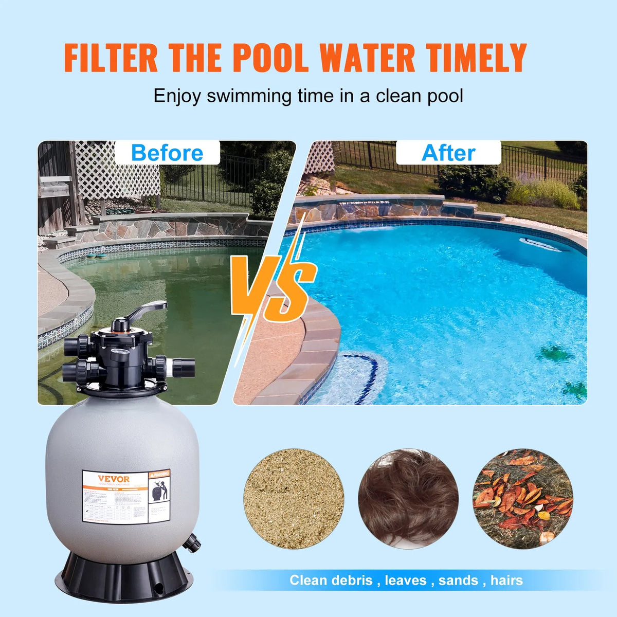 VEVOR baseina smilšu filtrs 48 cm, plūsma līdz 10,2 m³/h, virszemes un zemē ieraktiem baseiniem, 7-pozīciju daudzportu vārsts (filtrēšana, skalošana, atskalošana, recirkulācija, novade, ziema, slēgts)