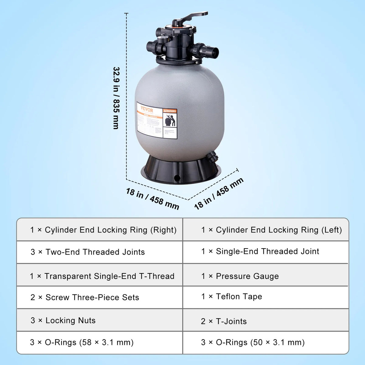 VEVOR baseina smilšu filtrs 48 cm, plūsma līdz 10,2 m³/h, virszemes un zemē ieraktiem baseiniem, 7-pozīciju daudzportu vārsts (filtrēšana, skalošana, atskalošana, recirkulācija, novade, ziema, slēgts)