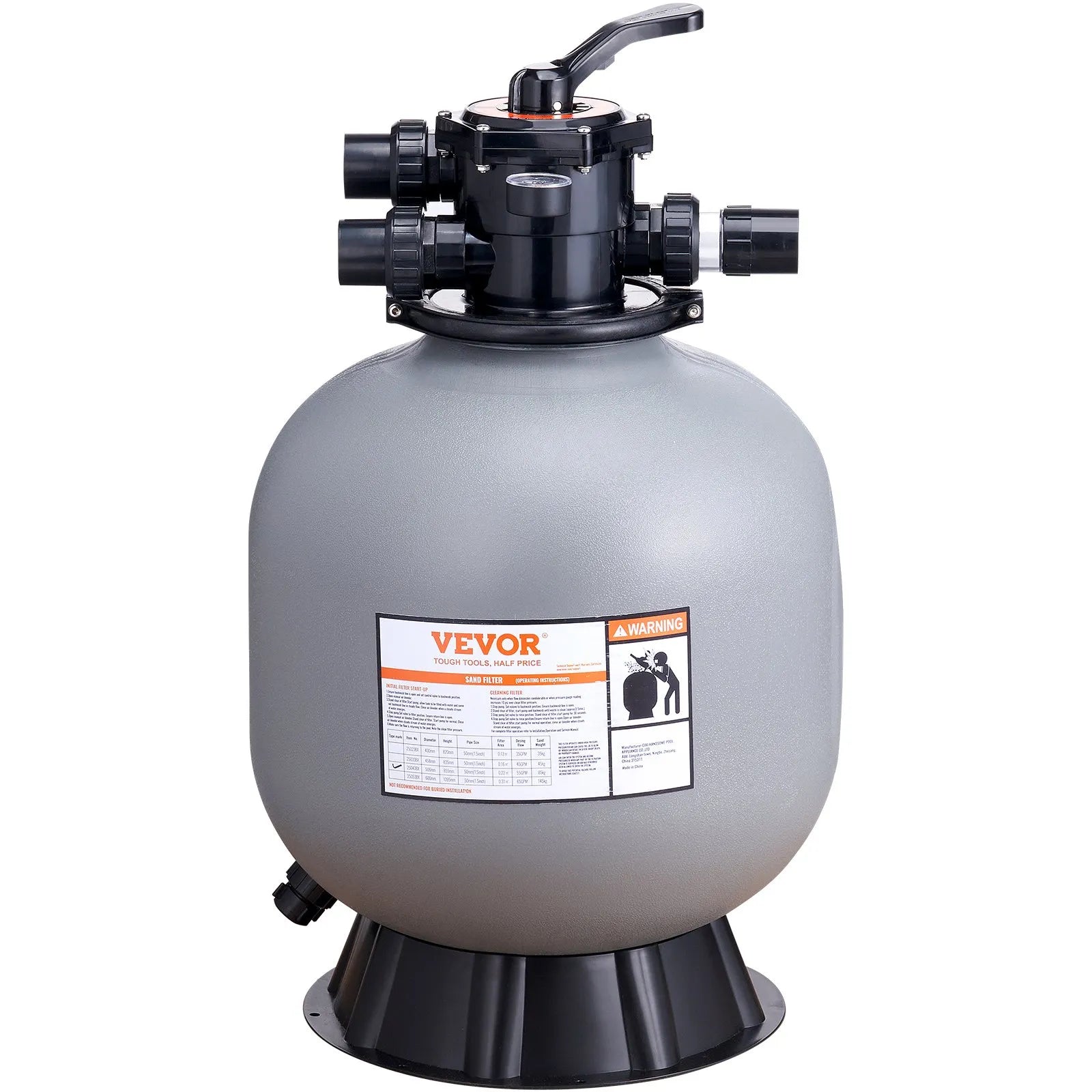 VEVOR baseina smilšu filtrācijas sistēma 55,9 cm, plūsma līdz 12,5 m³/h, virszemes un zemē ieraktiem baseiniem, 7-pozīciju daudzportu vārsts (filtrēšana, pretmazgāšana, skalošana, recirkulācija, novade, ziemas režīms, slēgts)