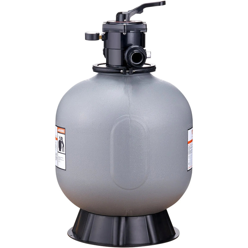 VEVOR baseina smilšu filtrācijas sistēma 55,9 cm, plūsma līdz 12,5 m³/h, virszemes un zemē ieraktiem baseiniem, 7-pozīciju daudzportu vārsts (filtrēšana, pretmazgāšana, skalošana, recirkulācija, novade, ziemas režīms, slēgts)