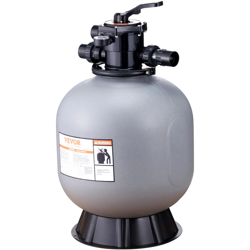 VEVOR baseina smilšu filtrācijas sistēma 55,9 cm, plūsma līdz 12,5 m³/h, virszemes un zemē ieraktiem baseiniem, 7-pozīciju daudzportu vārsts (filtrēšana, pretmazgāšana, skalošana, recirkulācija, novade, ziemas režīms, slēgts)