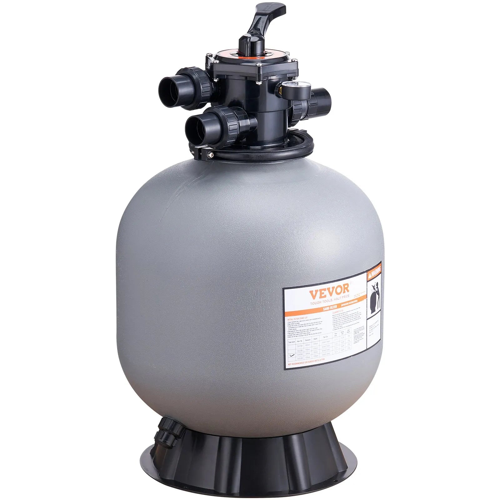 VEVOR baseina smilšu filtrācijas sistēma 55,9 cm, plūsma līdz 12,5 m³/h, virszemes un zemē ieraktiem baseiniem, 7-pozīciju daudzportu vārsts (filtrēšana, pretmazgāšana, skalošana, recirkulācija, novade, ziemas režīms, slēgts)