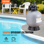 VEVOR baseina smilšu filtrācijas sistēma 55,9 cm, plūsma līdz 12,5 m³/h, virszemes un zemē ieraktiem baseiniem, 7-pozīciju daudzportu vārsts (filtrēšana, pretmazgāšana, skalošana, recirkulācija, novade, ziemas režīms, slēgts)