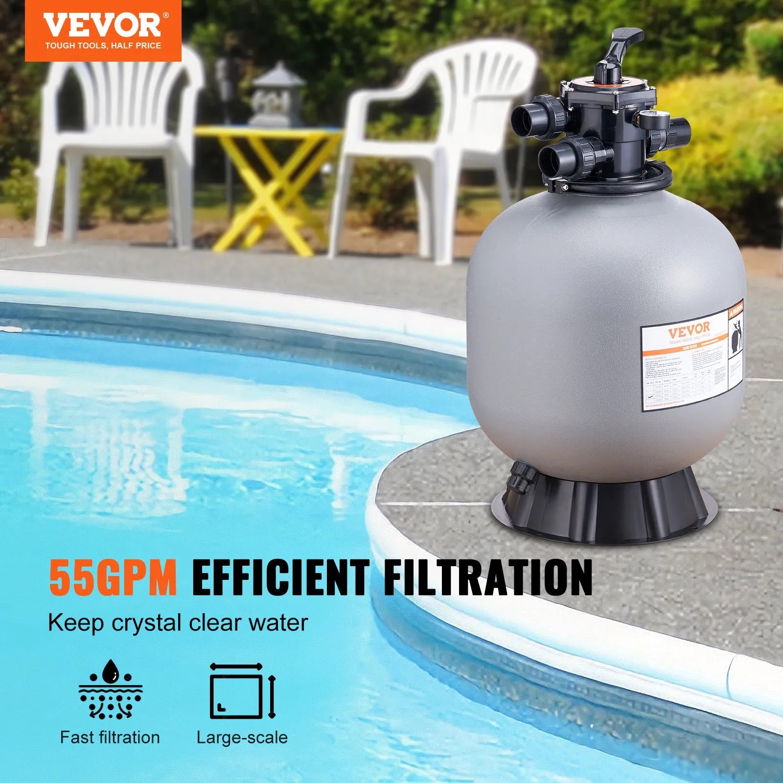 VEVOR baseina smilšu filtrācijas sistēma 55,9 cm, plūsma līdz 12,5 m³/h, virszemes un zemē ieraktiem baseiniem, 7-pozīciju daudzportu vārsts (filtrēšana, pretmazgāšana, skalošana, recirkulācija, novade, ziemas režīms, slēgts)