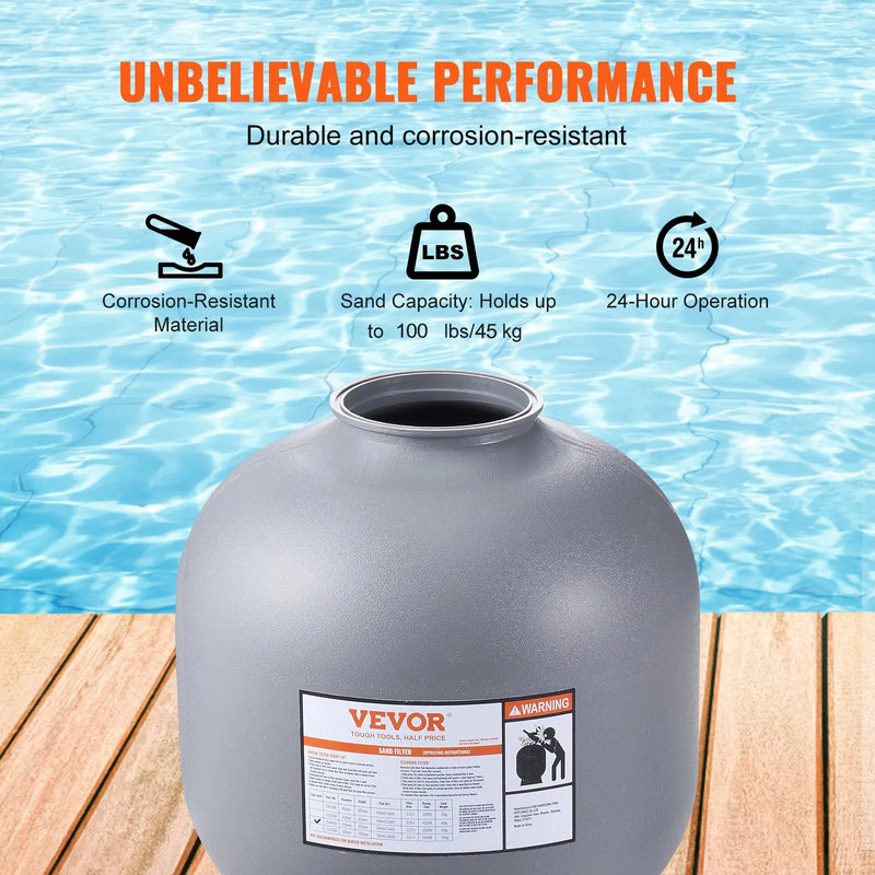VEVOR baseina smilšu filtrācijas sistēma 55,9 cm, plūsma līdz 12,5 m³/h, virszemes un zemē ieraktiem baseiniem, 7-pozīciju daudzportu vārsts (filtrēšana, pretmazgāšana, skalošana, recirkulācija, novade, ziemas režīms, slēgts)