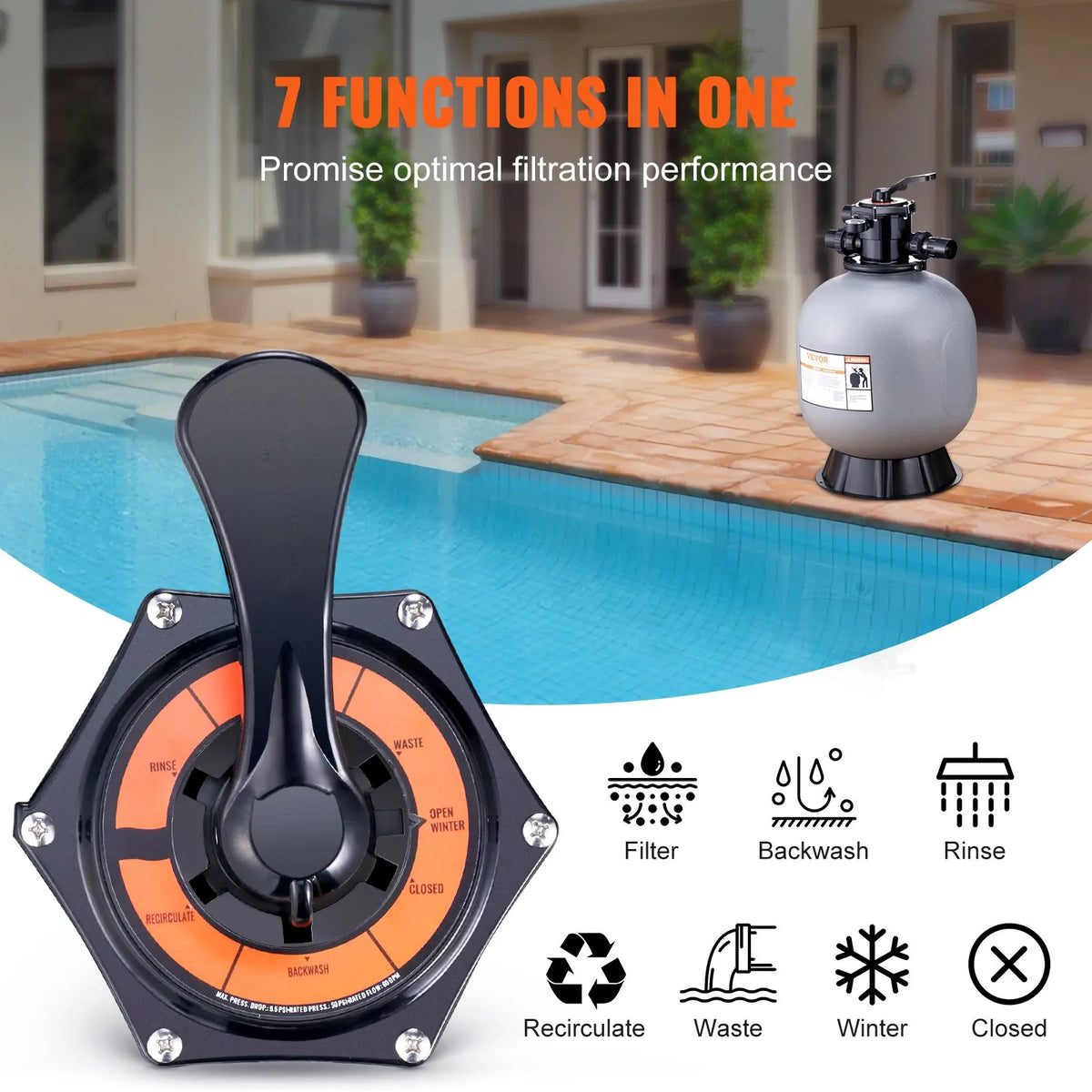 VEVOR baseina smilšu filtrācijas sistēma 55,9 cm, plūsma līdz 12,5 m³/h, virszemes un zemē ieraktiem baseiniem, 7-pozīciju daudzportu vārsts (filtrēšana, pretmazgāšana, skalošana, recirkulācija, novade, ziemas režīms, slēgts)