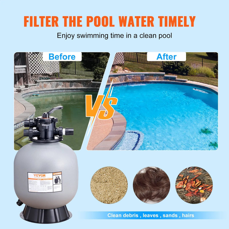 VEVOR baseina smilšu filtrācijas sistēma 55,9 cm, plūsma līdz 12,5 m³/h, virszemes un zemē ieraktiem baseiniem, 7-pozīciju daudzportu vārsts (filtrēšana, pretmazgāšana, skalošana, recirkulācija, novade, ziemas režīms, slēgts)