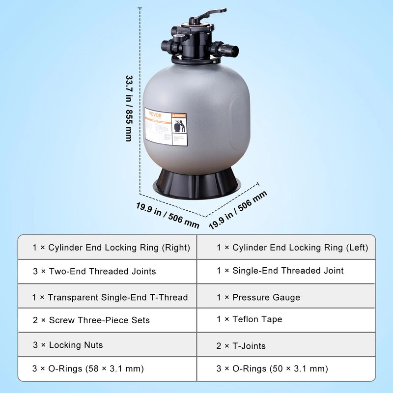 VEVOR baseina smilšu filtrācijas sistēma 55,9 cm, plūsma līdz 12,5 m³/h, virszemes un zemē ieraktiem baseiniem, 7-pozīciju daudzportu vārsts (filtrēšana, pretmazgāšana, skalošana, recirkulācija, novade, ziemas režīms, slēgts)