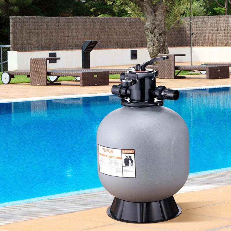 VEVOR baseina smilšu filtrācijas sistēma 55,9 cm, plūsma līdz 12,5 m³/h, virszemes un zemē ieraktiem baseiniem, 7-pozīciju daudzportu vārsts (filtrēšana, pretmazgāšana, skalošana, recirkulācija, novade, ziemas režīms, slēgts)