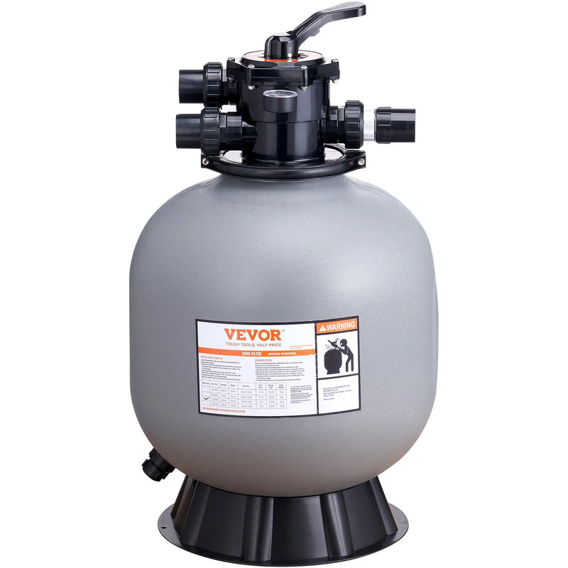 VEVOR baseina smilšu filtrācijas sistēma 55,9 cm, plūsma līdz 12,5 m³/h, virszemes un zemē ieraktiem baseiniem, 7-pozīciju daudzportu vārsts (filtrēšana, pretmazgāšana, skalošana, recirkulācija, novade, ziemas režīms, slēgts)