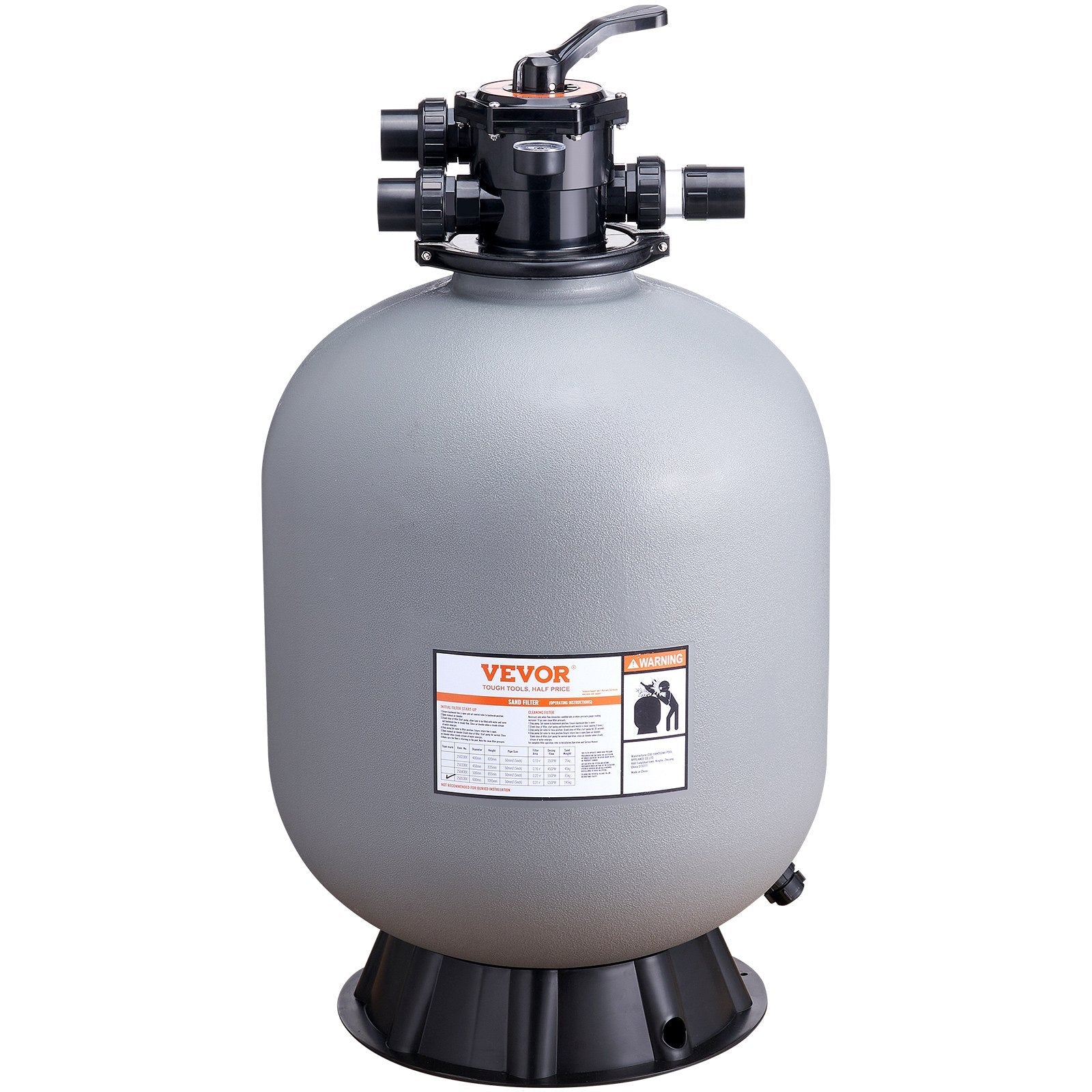 VEVOR peldbaseina smilšu filtrs 610 mm, plūsmas jauda līdz 246 l/min, virszemes un zemē ierīkotiem baseiniem, ar 7 pozīciju daudzfunkcionālu vārstu (filtrēšana, pretmazgāšana, skalošana, recirkulācija, novadīšana, ziemošana, slēgts režīms)