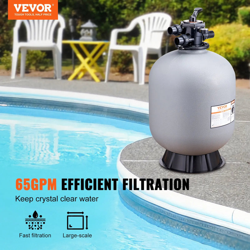 VEVOR peldbaseina smilšu filtrs 610 mm, plūsmas jauda līdz 246 l/min, virszemes un zemē ierīkotiem baseiniem, ar 7 pozīciju daudzfunkcionālu vārstu (filtrēšana, pretmazgāšana, skalošana, recirkulācija, novadīšana, ziemošana, slēgts režīms)